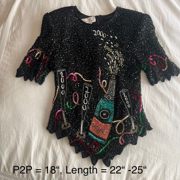 Lawrence Kazar Tops - VTG Sz L Lawrence Kazar Silk Sequined New Years 2000 top shoulder pads y2k